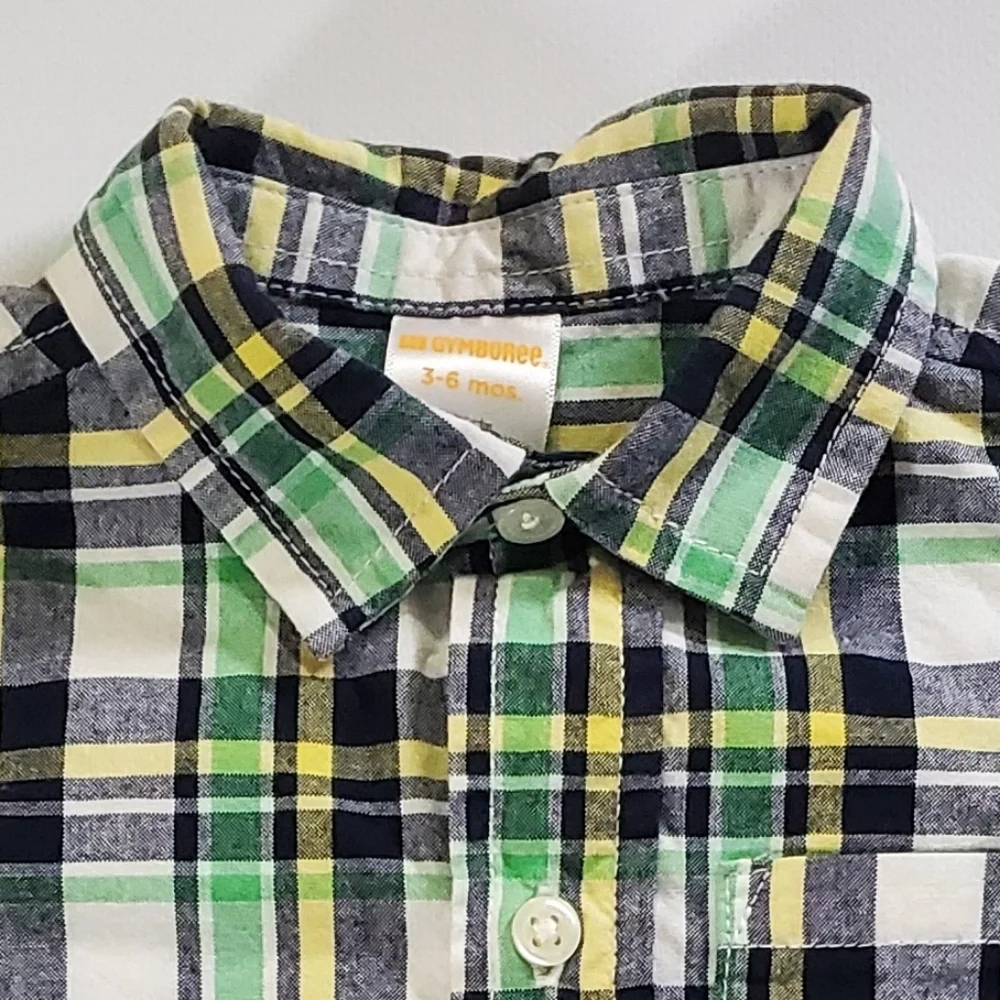 K1398 * Gymboree Auto Baby Plaid Button Down Shirt Green Short Sleeve Size 3/6M